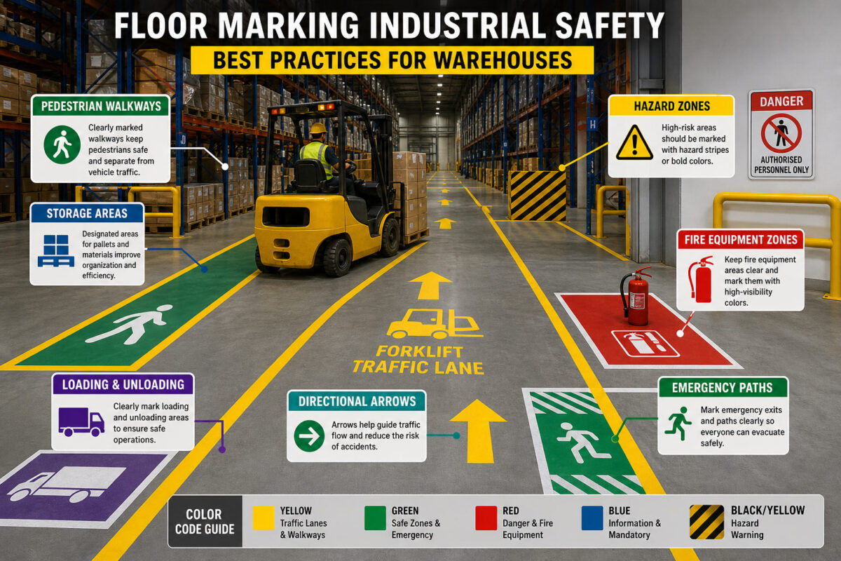floor marking industrial safety infographic showing forklift lanes, pedestrian walkways, hazard zones and warehouse floor markings