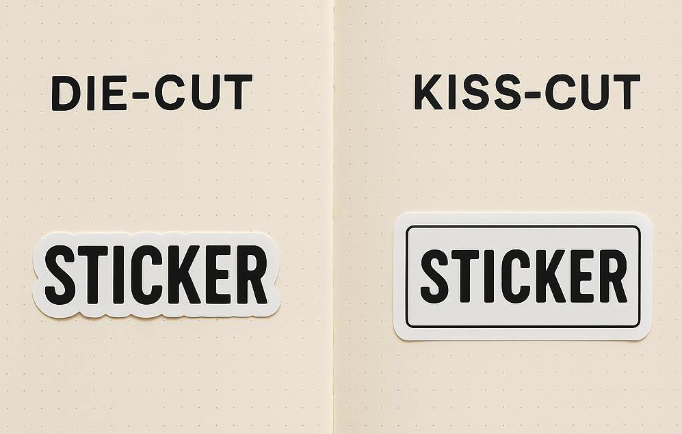 kiss cut vinyl stickers sheet showing multiple designs with backing paper compared to die cut stickers