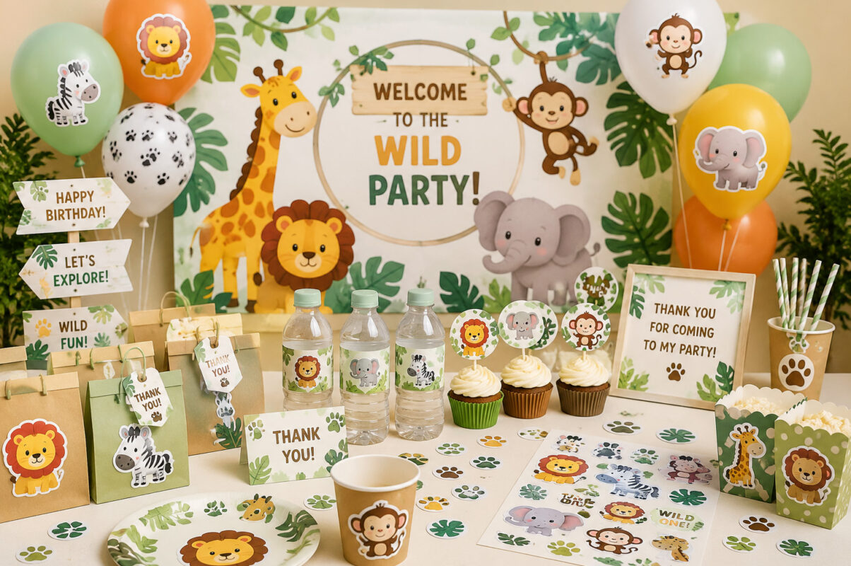 party decoration stickers with jungle animal theme for kids birthday party