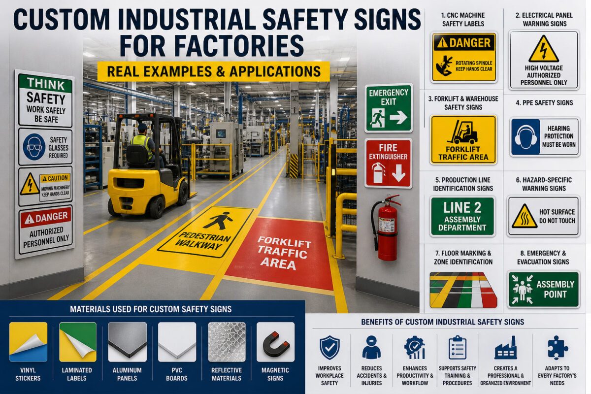 examples of custom industrial safety signs in factories including warning labels, floor markings and PPE signs