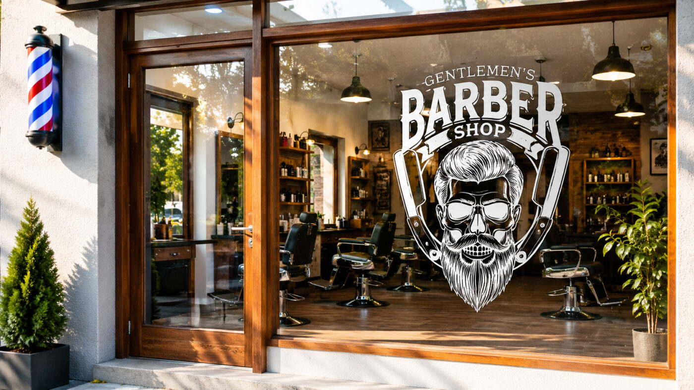 Profession Stickers: Ready-Made and Custom Decals 1 barber shop storefront decorated with professional barber window sticker