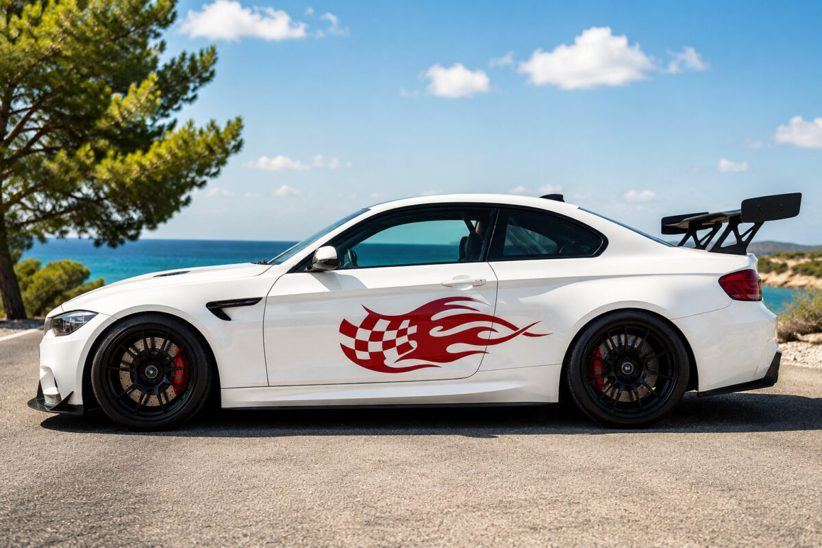 10 Powerful Power Racing Decals Ideas for Cars and Bikes 1 power racing decals on white sports car with coastal background