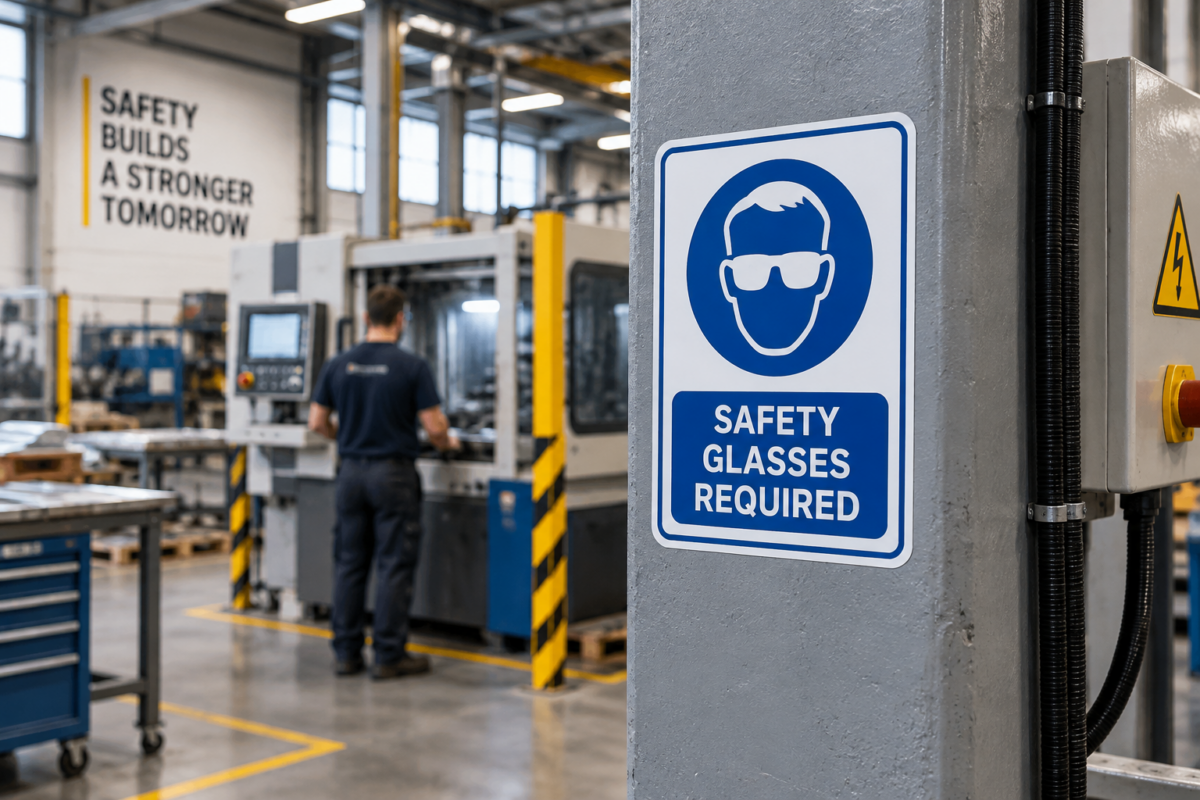 workplace safety decals in an industrial factory production area